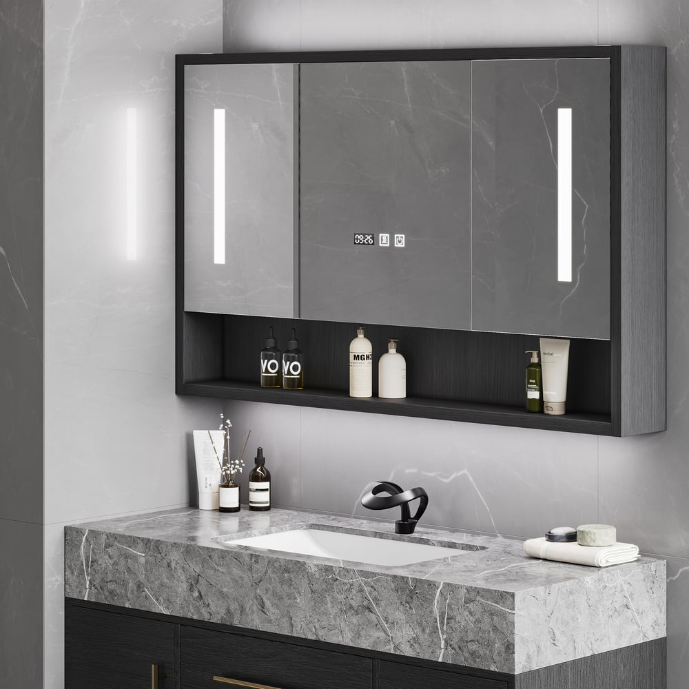 39" Black LED Medicine Cabinet with Adjustable Lighting, Demister & Digital Clock