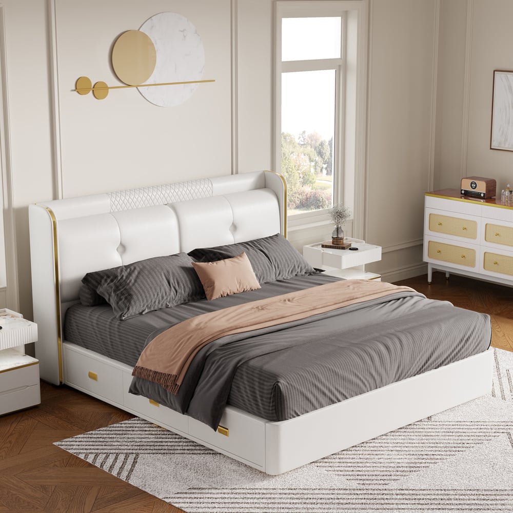 Leather Upholstered King Storage Bed with Wingback Headboard