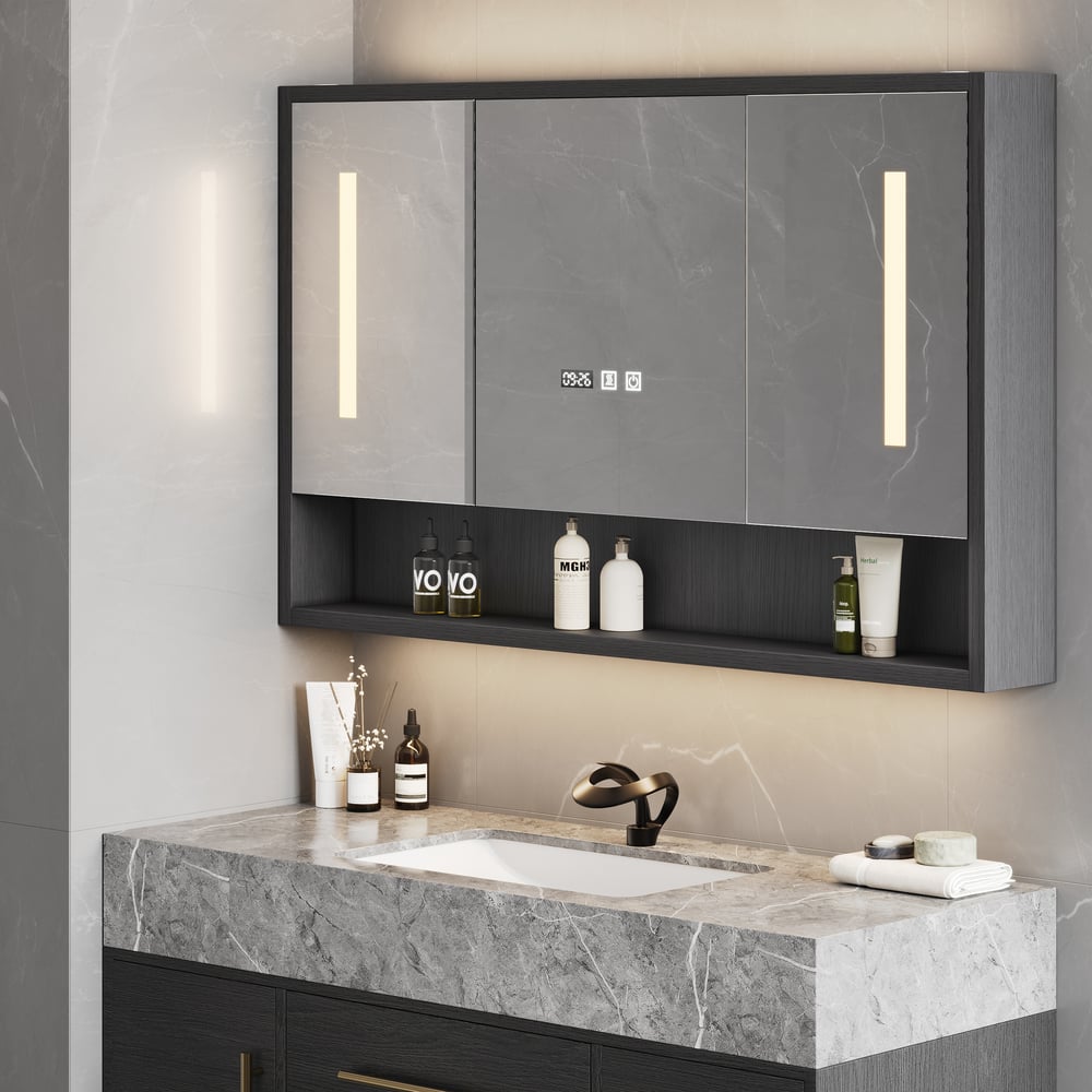 39" Black LED Medicine Cabinet with Adjustable Lighting, Demister & Digital Clock