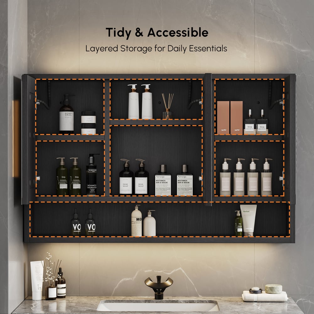 39" Black LED Medicine Cabinet with Adjustable Lighting, Demister & Digital Clock