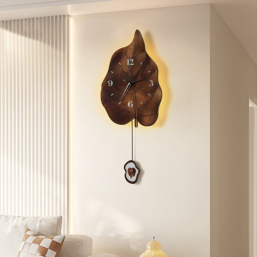 Rustic Leaf-Shaped Wall Clock with USB Light & Moving Pendulum – 28 Inches