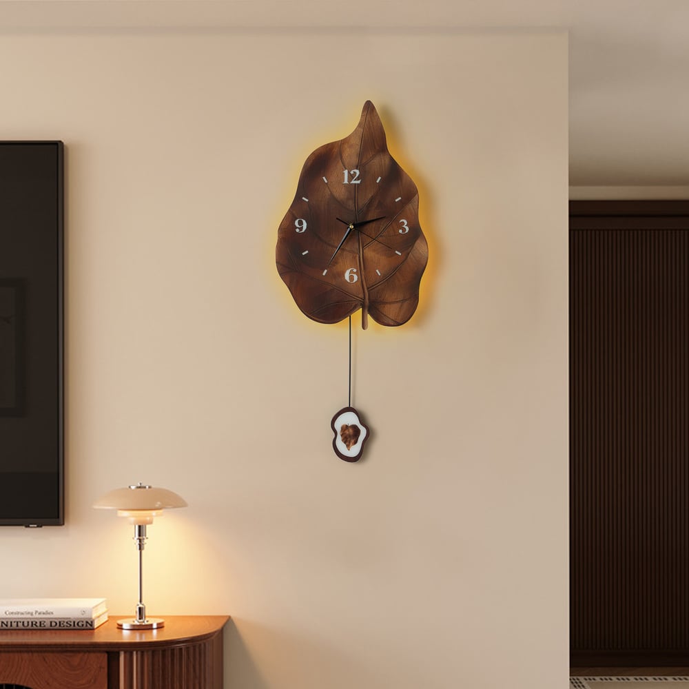 Rustic Leaf-Shaped Wall Clock with USB Light & Moving Pendulum – 28 Inches
