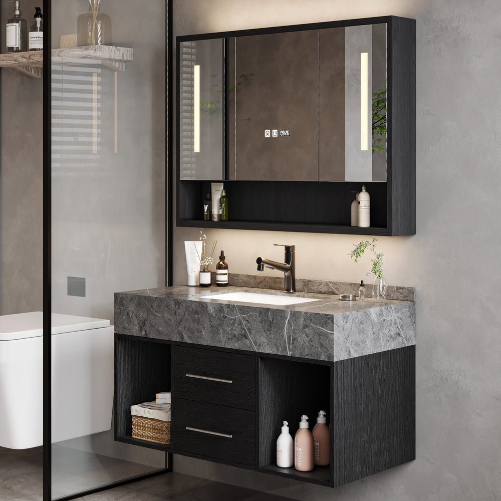 39" Black LED Medicine Cabinet with Adjustable Lighting, Demister & Digital Clock