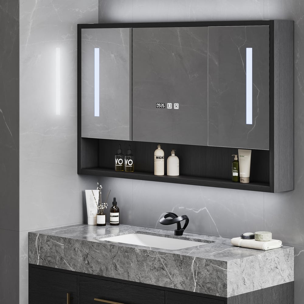 39" Black LED Medicine Cabinet with Adjustable Lighting, Demister & Digital Clock