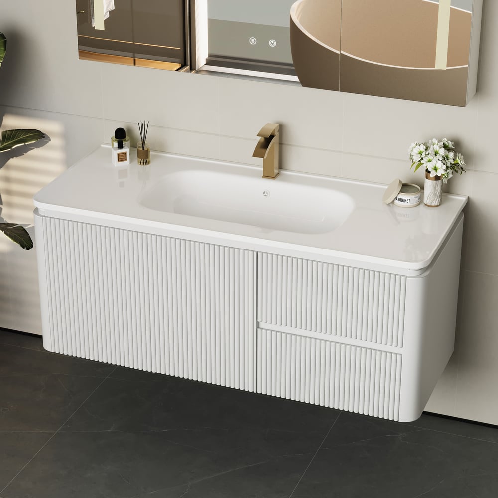 Juego de tocador de baño, moderno, blanco cálido, LED, flotante, 1200 mm, con lavabo