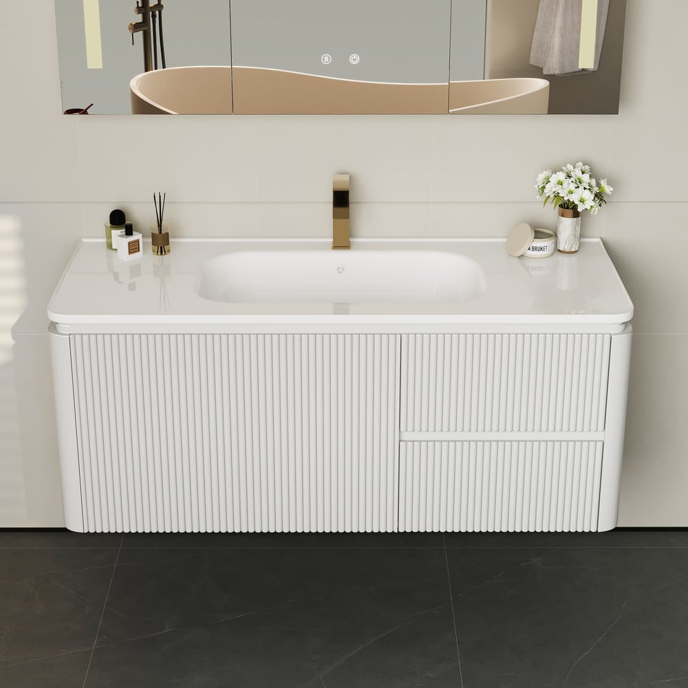 Juego de tocador de baño, moderno, blanco cálido, LED, flotante, 1200 mm, con lavabo