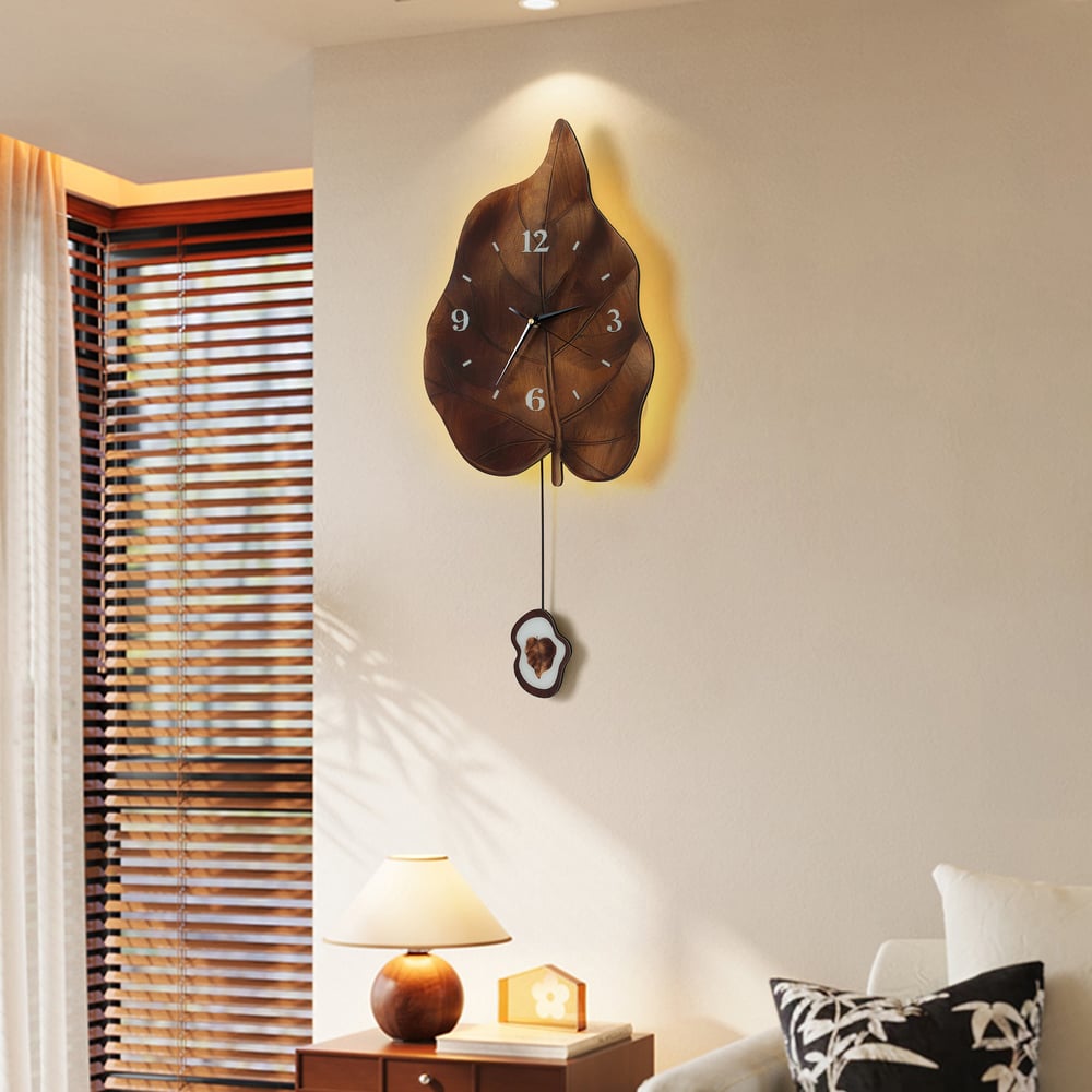 Rustic Leaf-Shaped Wall Clock with USB Light & Moving Pendulum – 28 Inches