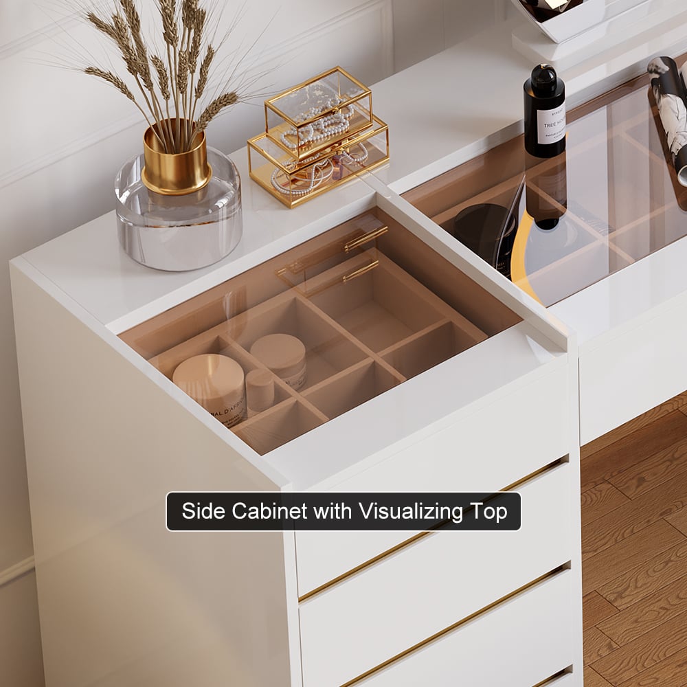 Nowoczesna biała toaletka z podświetlonym lustrem, stacją ładowania i schowkiem obraz okna