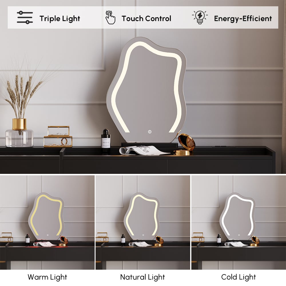 Coiffeuse noire moderne avec miroir éclairé, station de recharge et espace de rangement image de fenêtre