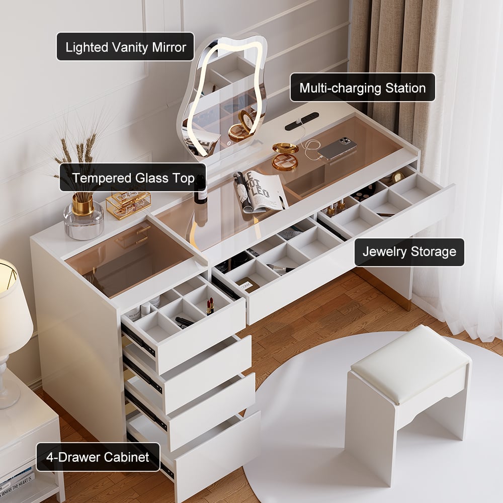 Nowoczesna biała toaletka z podświetlonym lustrem, stacją ładowania i schowkiem obraz okna