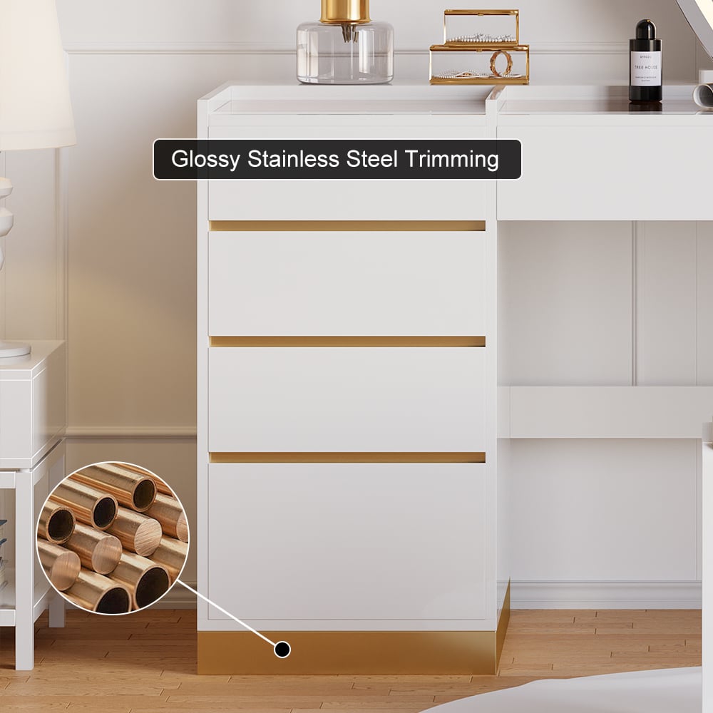 Nowoczesna biała toaletka z podświetlonym lustrem, stacją ładowania i schowkiem obraz okna