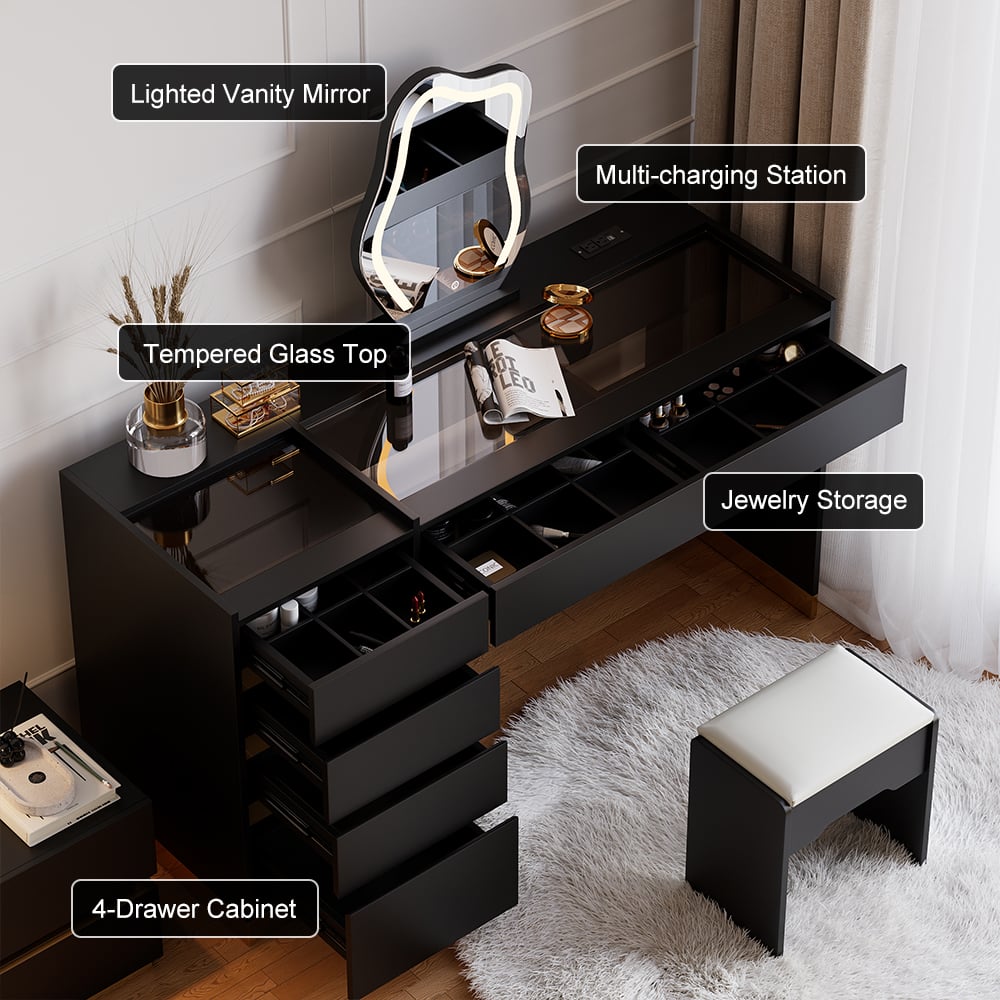 Coiffeuse noire moderne avec miroir éclairé, station de recharge et espace de rangement image de fenêtre