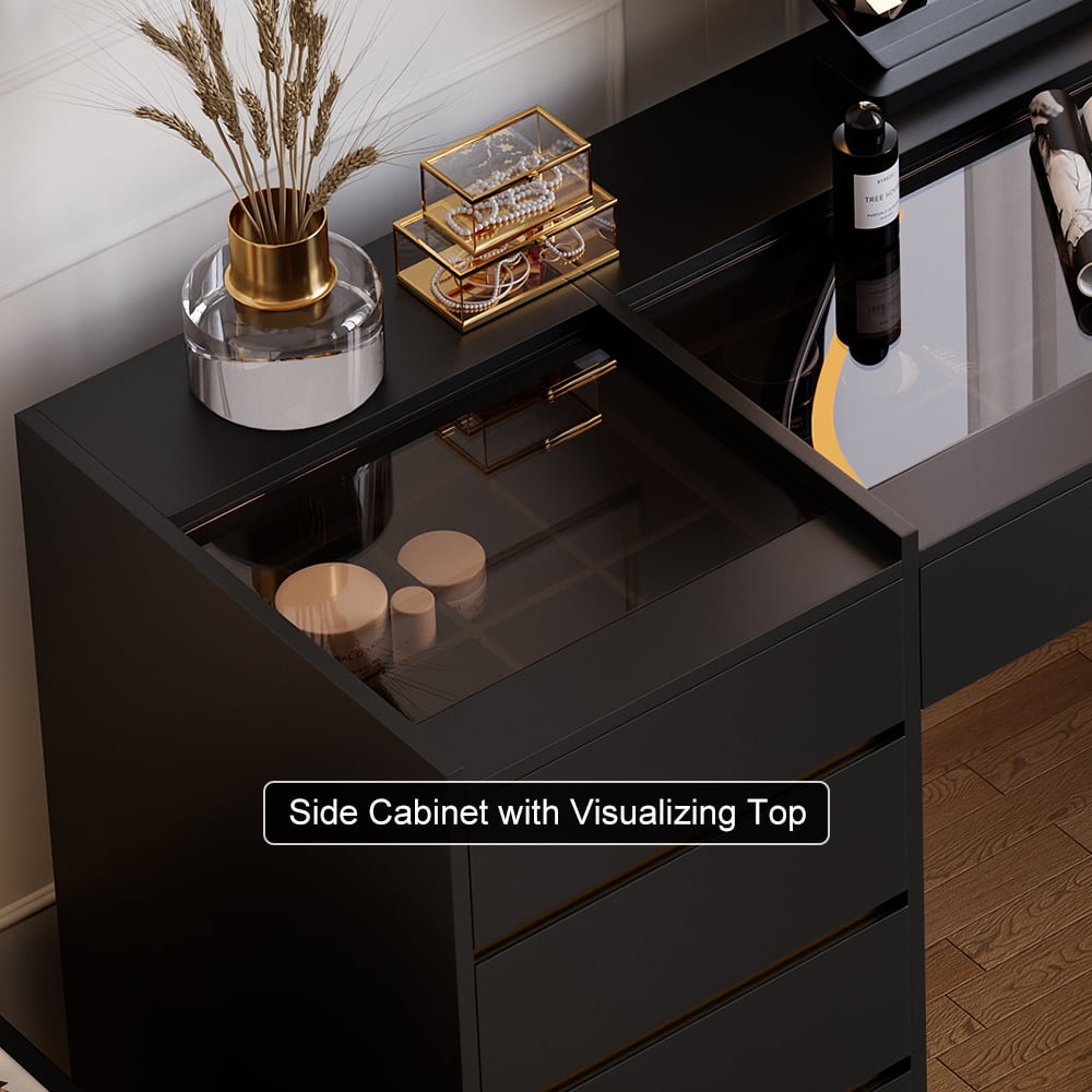 Coiffeuse noire moderne avec miroir éclairé, station de recharge et espace de rangement image de fenêtre