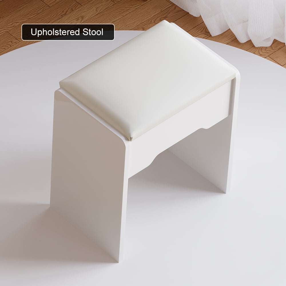 Nowoczesna biała toaletka z podświetlonym lustrem, stacją ładowania i schowkiem obraz okna