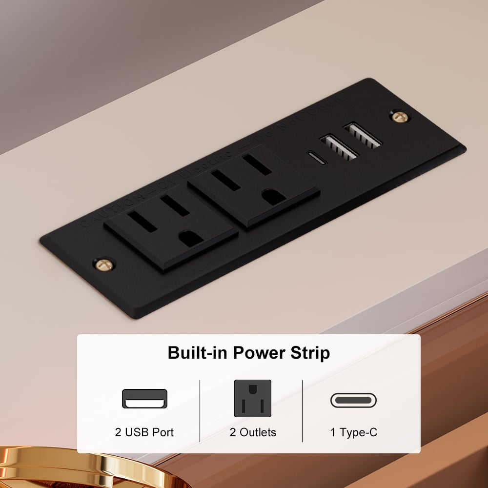 Nowoczesna biała toaletka z podświetlonym lustrem, stacją ładowania i schowkiem obraz okna