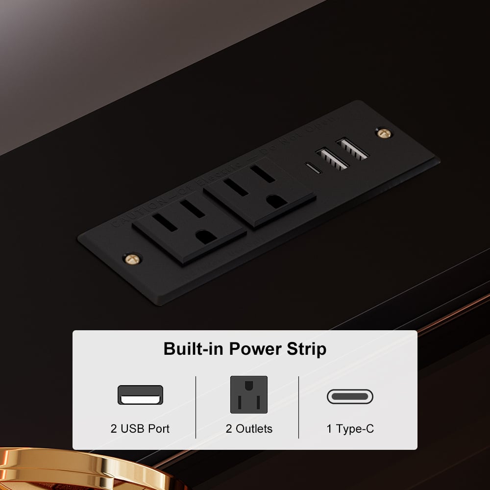 Coiffeuse noire moderne avec miroir éclairé, station de recharge et espace de rangement image de fenêtre