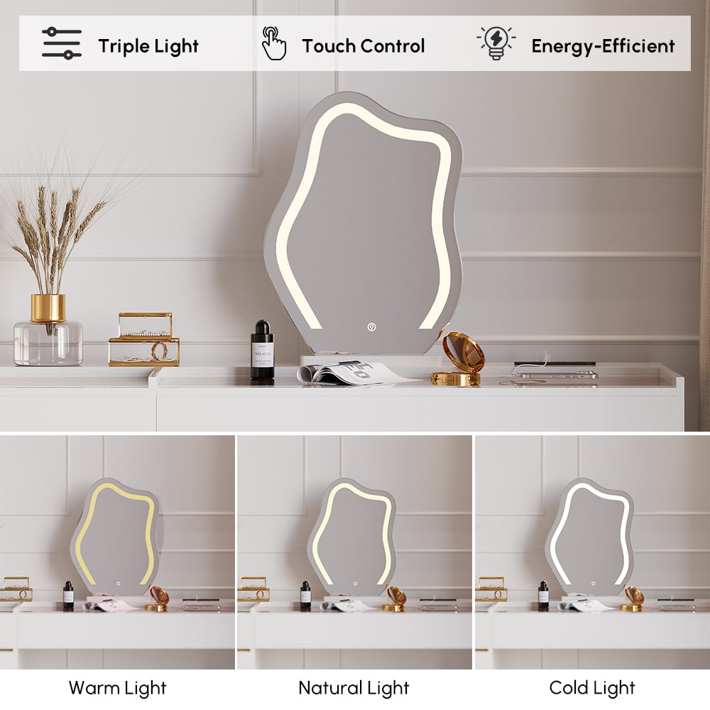 Nowoczesna biała toaletka z podświetlonym lustrem, stacją ładowania i schowkiem obraz okna