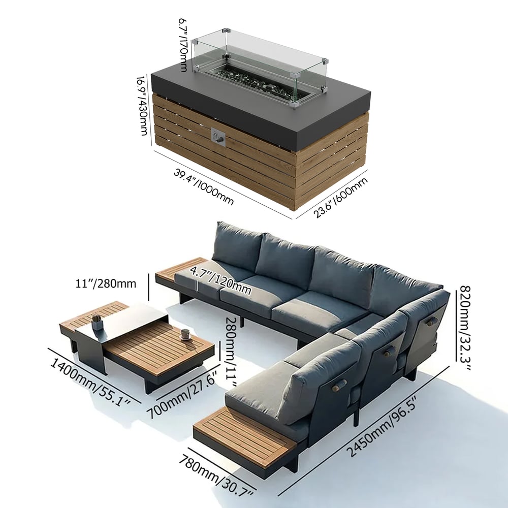 6-Seater Gray Aluminum and Teak Corner Sofa Set with Reclining Function and Fireplace weights dimensions image