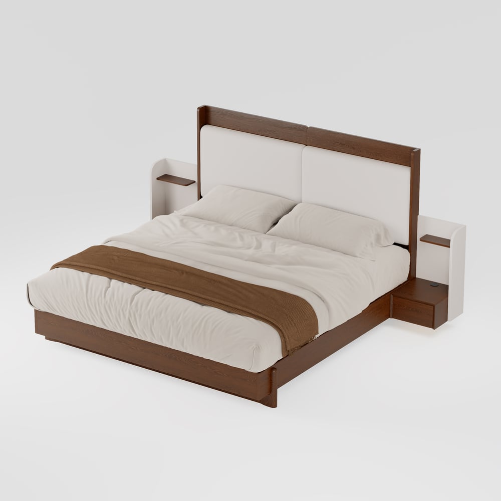 King Solid Wood Bed with Leather Extended Headboard & Floating Smart Nightstand Set