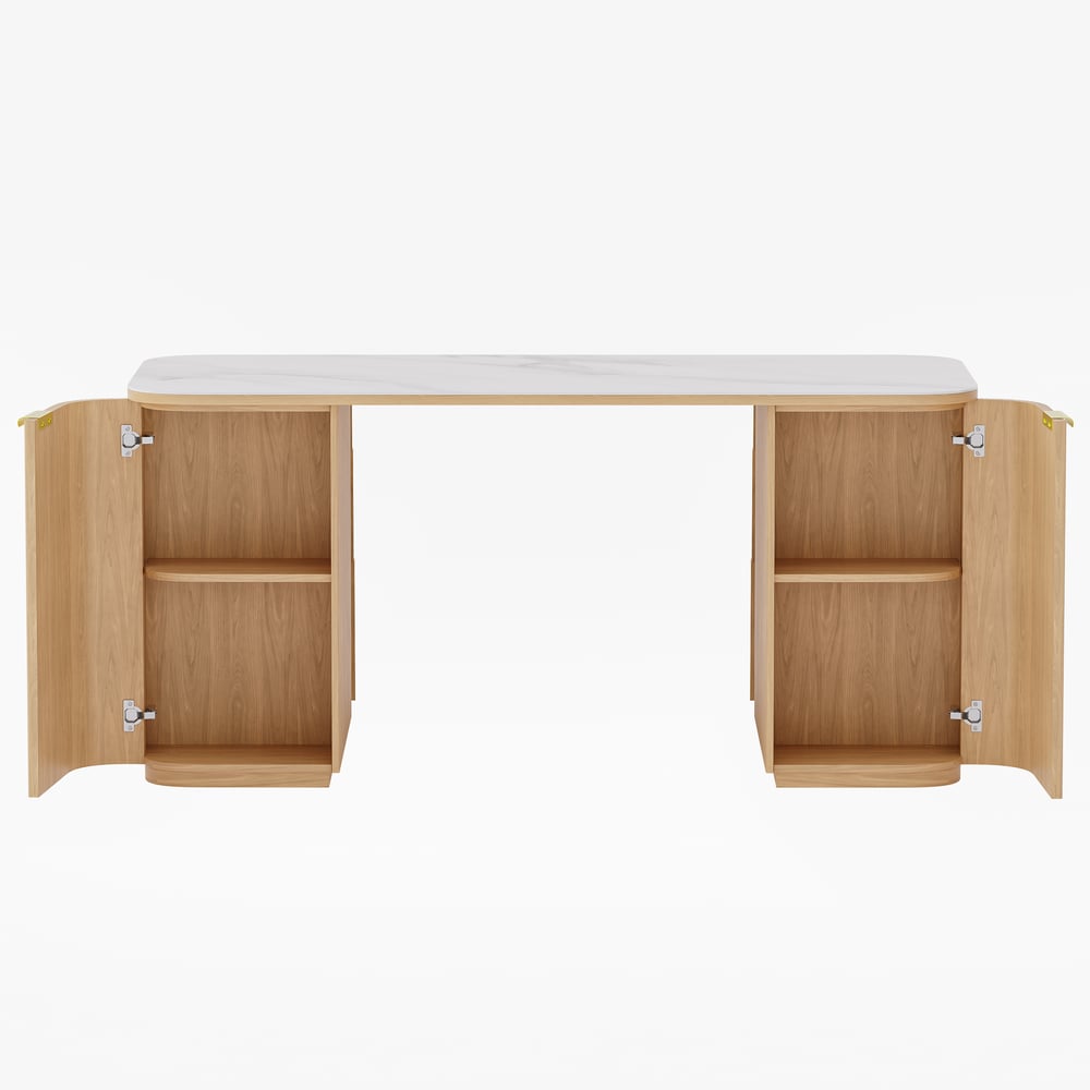 Modern White Ash Wood & Sintered Stone Rectangle Desk with 6 Drawers (63.8")