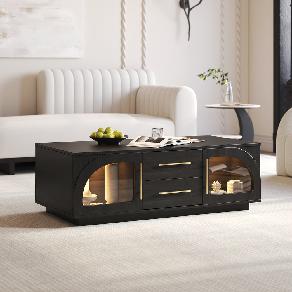 Arune 72" Arched Glass Doors TV Stand Coffee Table Set with Storage and LED window image