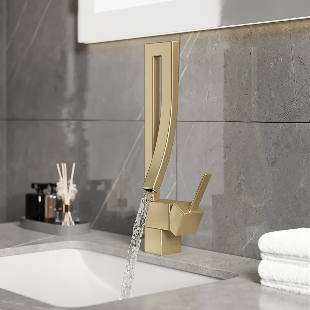 Brushed Gold Waterfall Bathroom Sink Faucet Single Hole Single Handle Brass Modern Style window image