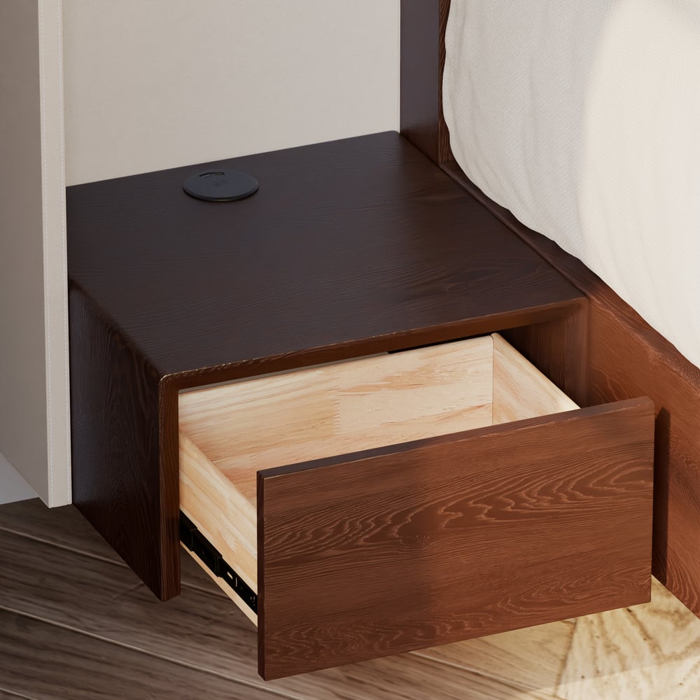 King Solid Wood Bed with Leather Extended Headboard & Floating Smart Nightstand Set window image