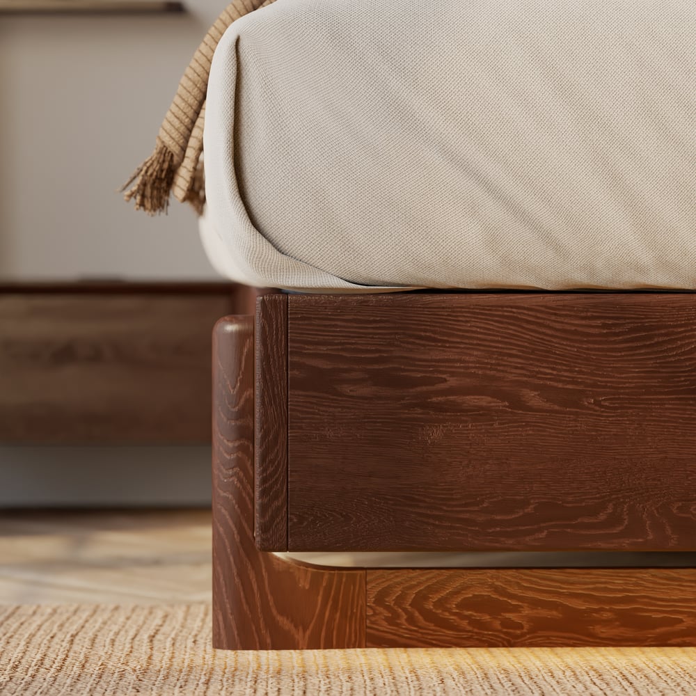 King Solid Wood Bed with Leather Extended Headboard & Floating Smart Nightstand Set