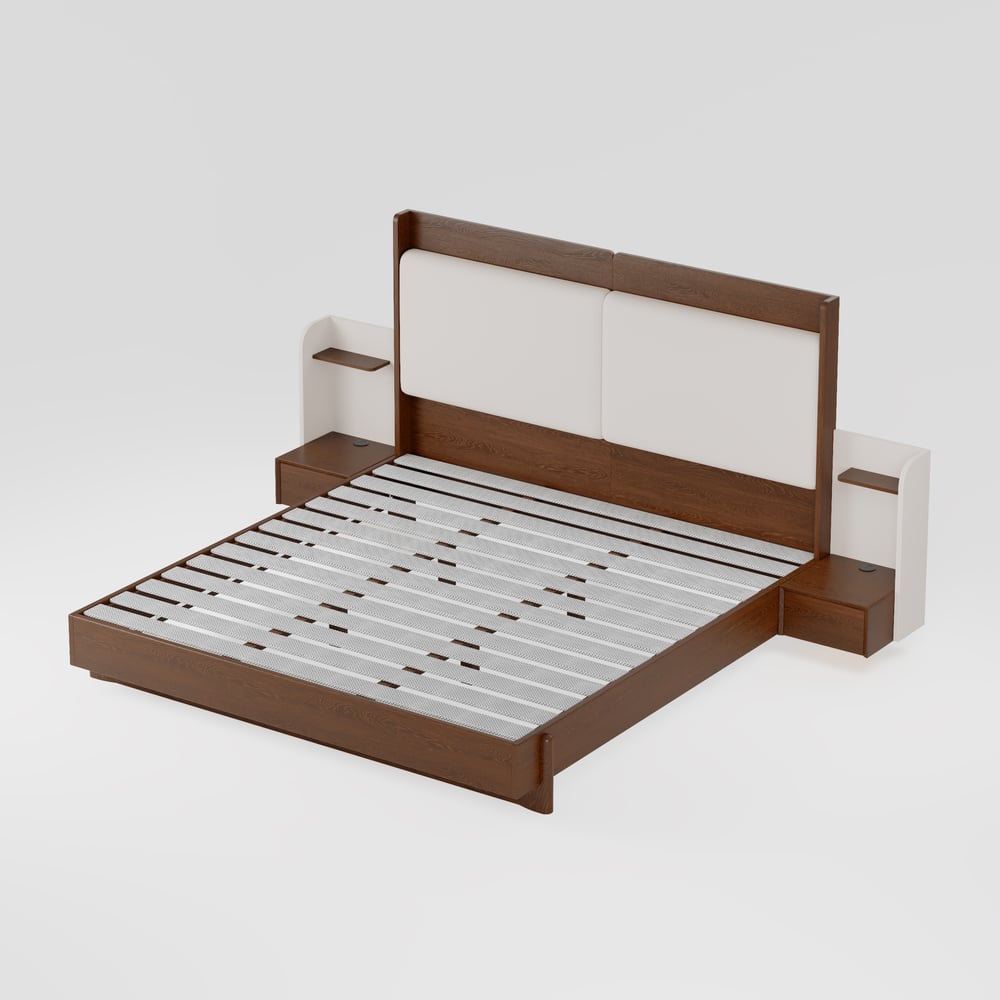 King Solid Wood Bed with Leather Extended Headboard & Floating Smart Nightstand Set