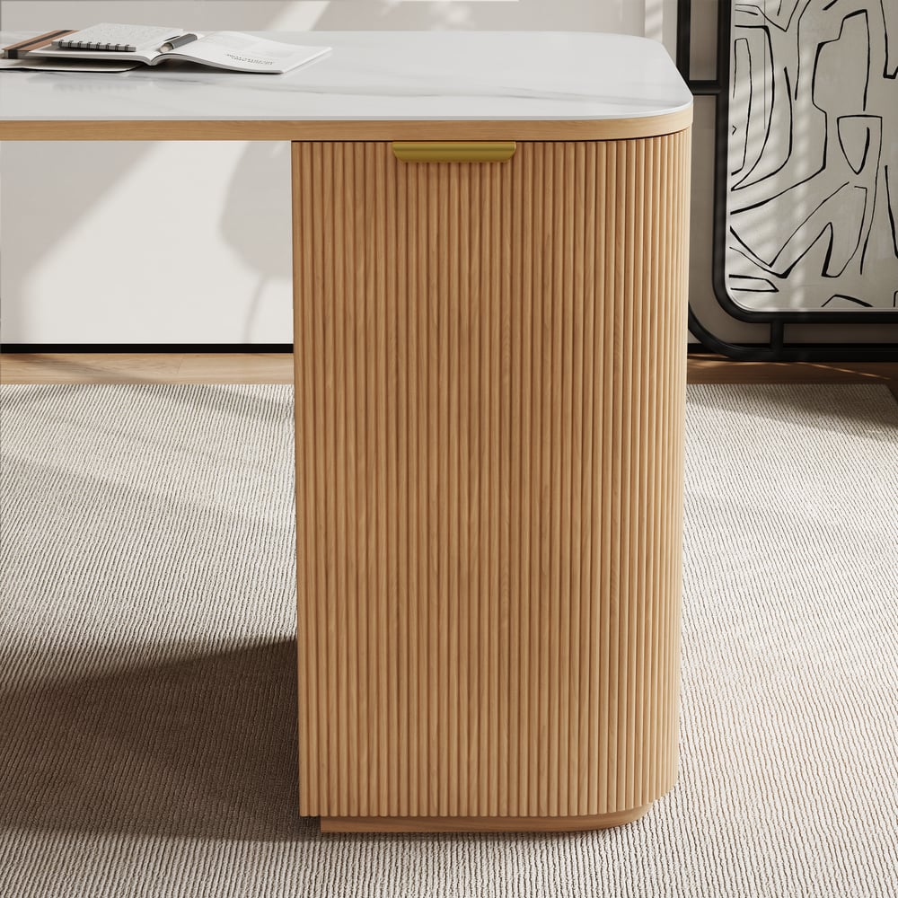 Modern White Ash Wood & Sintered Stone Rectangle Desk with 6 Drawers (63.8")