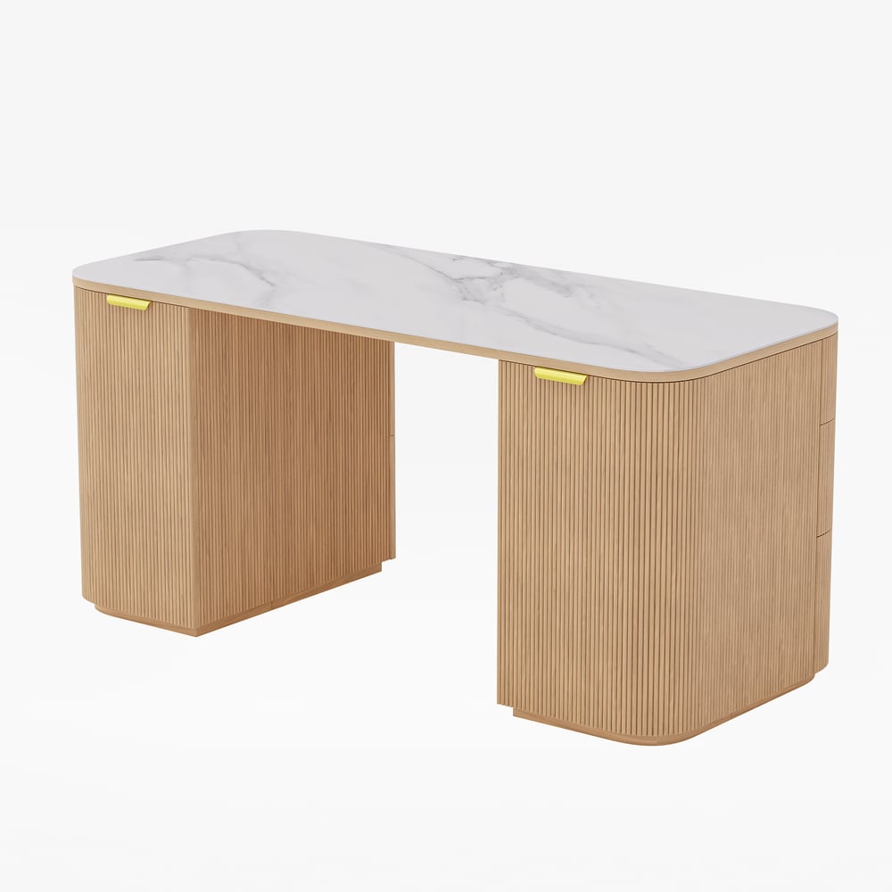 Modern White Ash Wood & Sintered Stone Rectangle Desk with 6 Drawers (63.8")