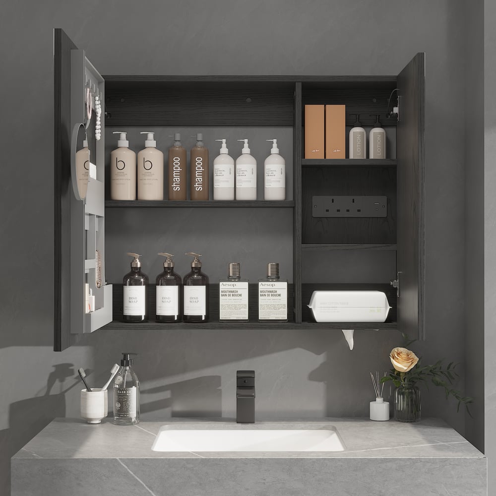 800mm Wall-mount Bathroom Mirror Cabinet with Lights Storage Multi-Function window image