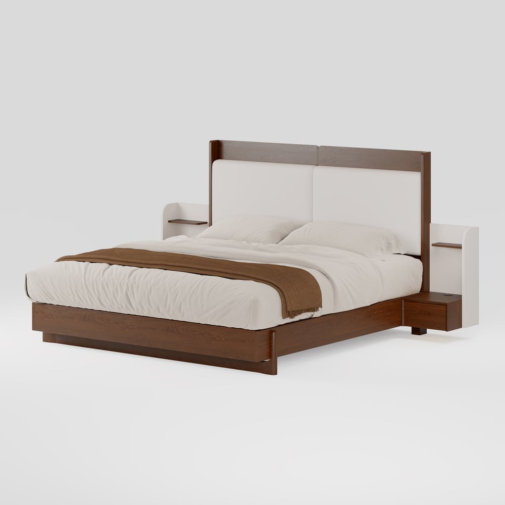 King Solid Wood Bed with Leather Extended Headboard & Floating Smart Nightstand Set
