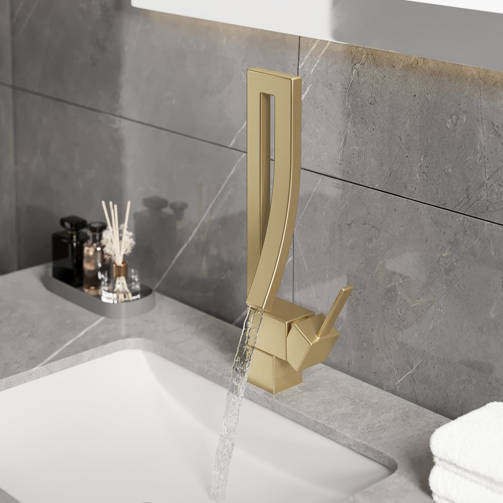 Brushed Gold Waterfall Bathroom Sink Faucet Single Hole Single Handle Brass Modern Style window image