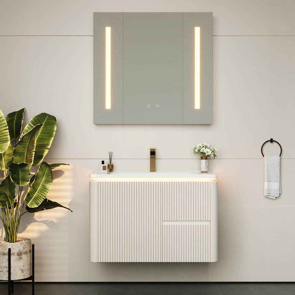 Moderner LED-Schminkspiegel für Badezimmer, 800 mm, zur Wandmontage, mit Stauraum