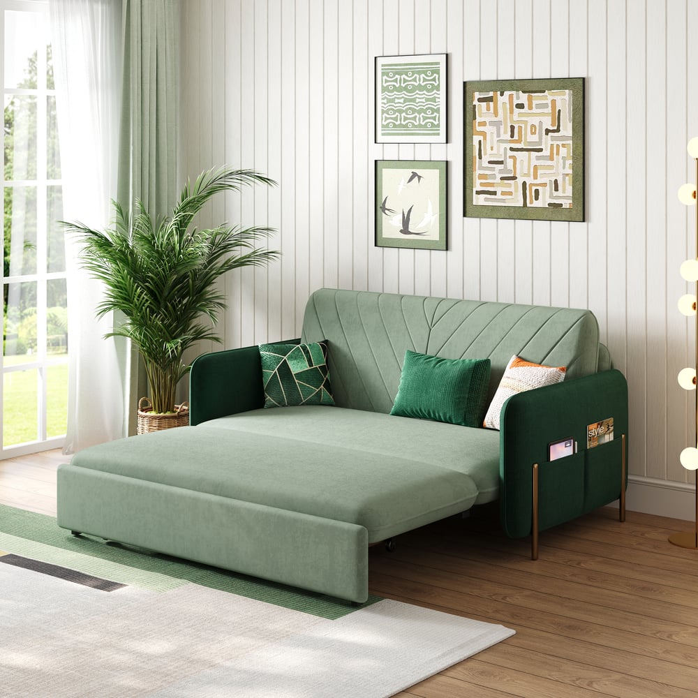 Sofá cama convertible tapizada de 2 plazas en tela terciopelo de 136 cm - verde imagen de ventana