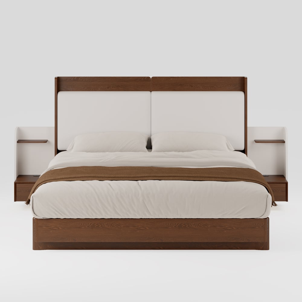 Lit en bois massif avec tête de lit étendue en cuir et ensemble de table de chevet flottante intelligente image de fenêtre