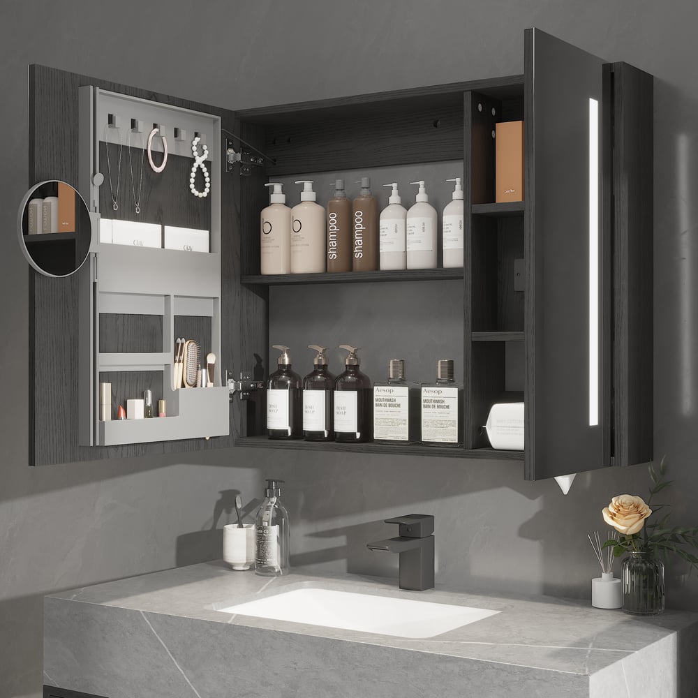 800mm Wall-mount Bathroom Mirror Cabinet with Lights Storage Multi-Function window image