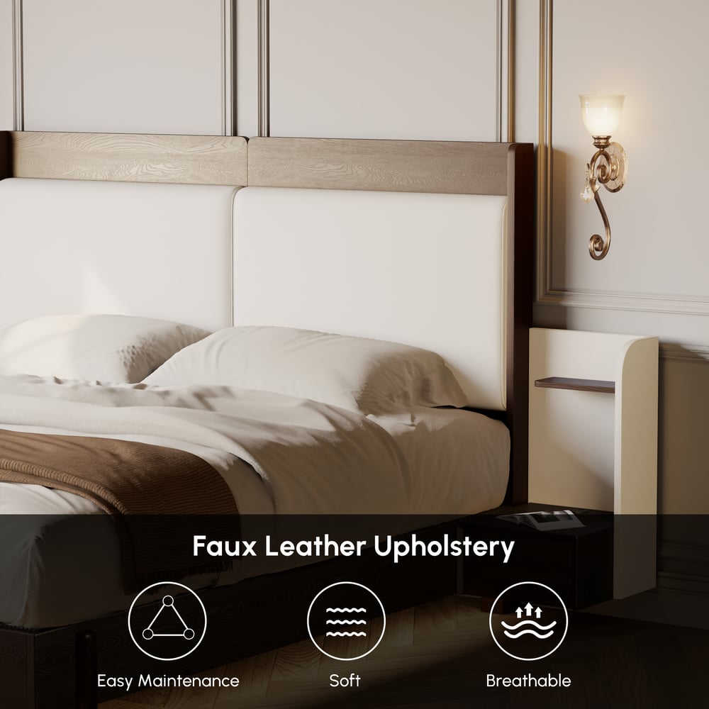 King Solid Wood Bed with Leather Extended Headboard & Floating Smart Nightstand Set window image