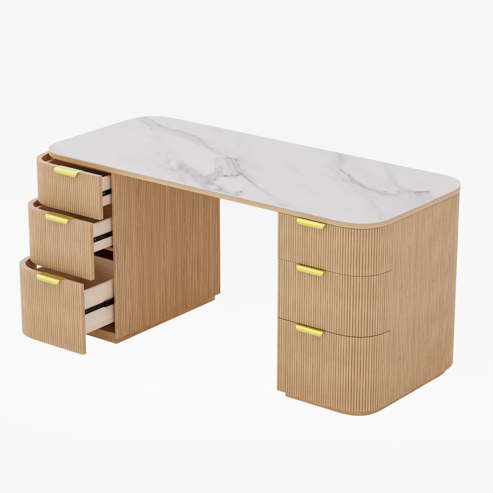 Modern White Ash Wood & Sintered Stone Rectangle Desk with 6 Drawers (63.8")
