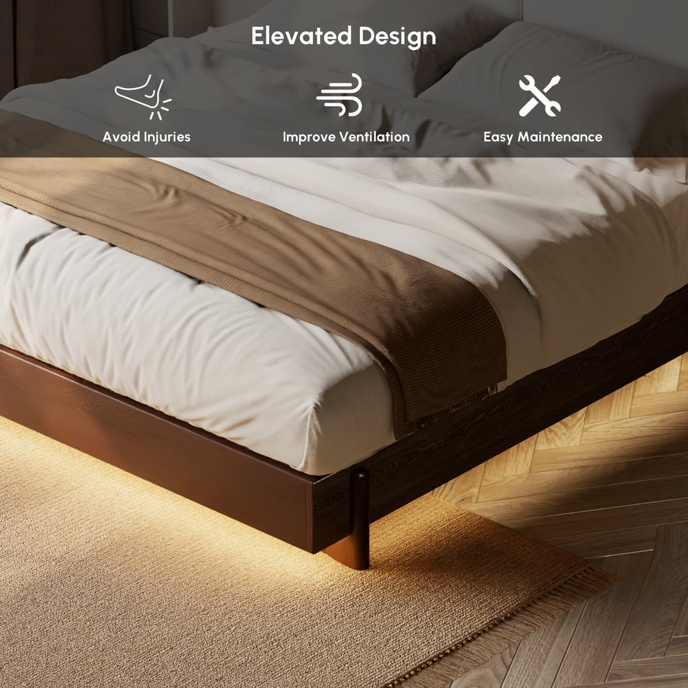 King Solid Wood Bed with Leather Extended Headboard & Floating Smart Nightstand Set window image