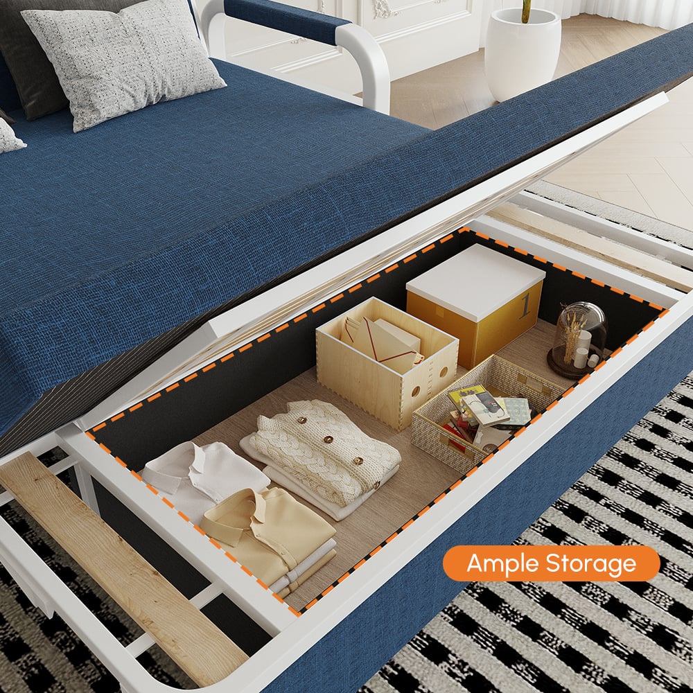 Canapé-lit 2 places en lin avec coffre - bleu image de fenêtre