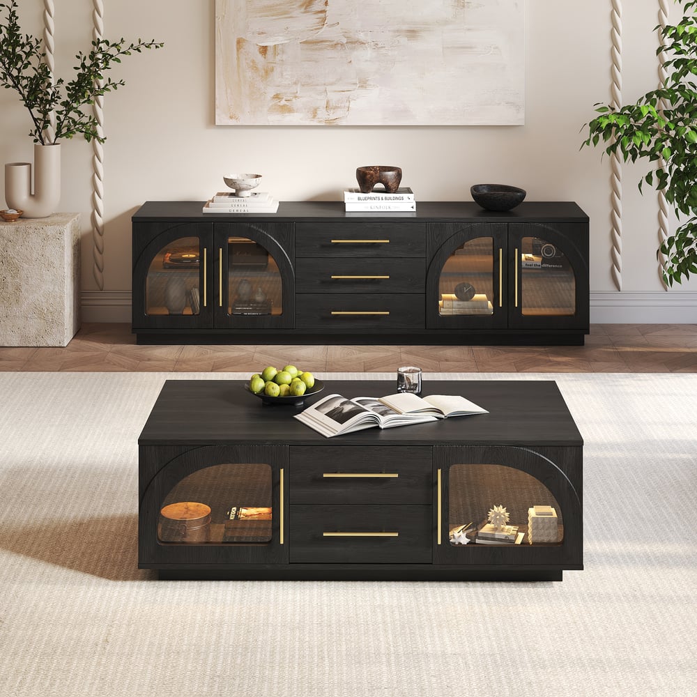 Arune 72" Arched Glass Doors TV Stand Coffee Table Set with Storage and LED window image