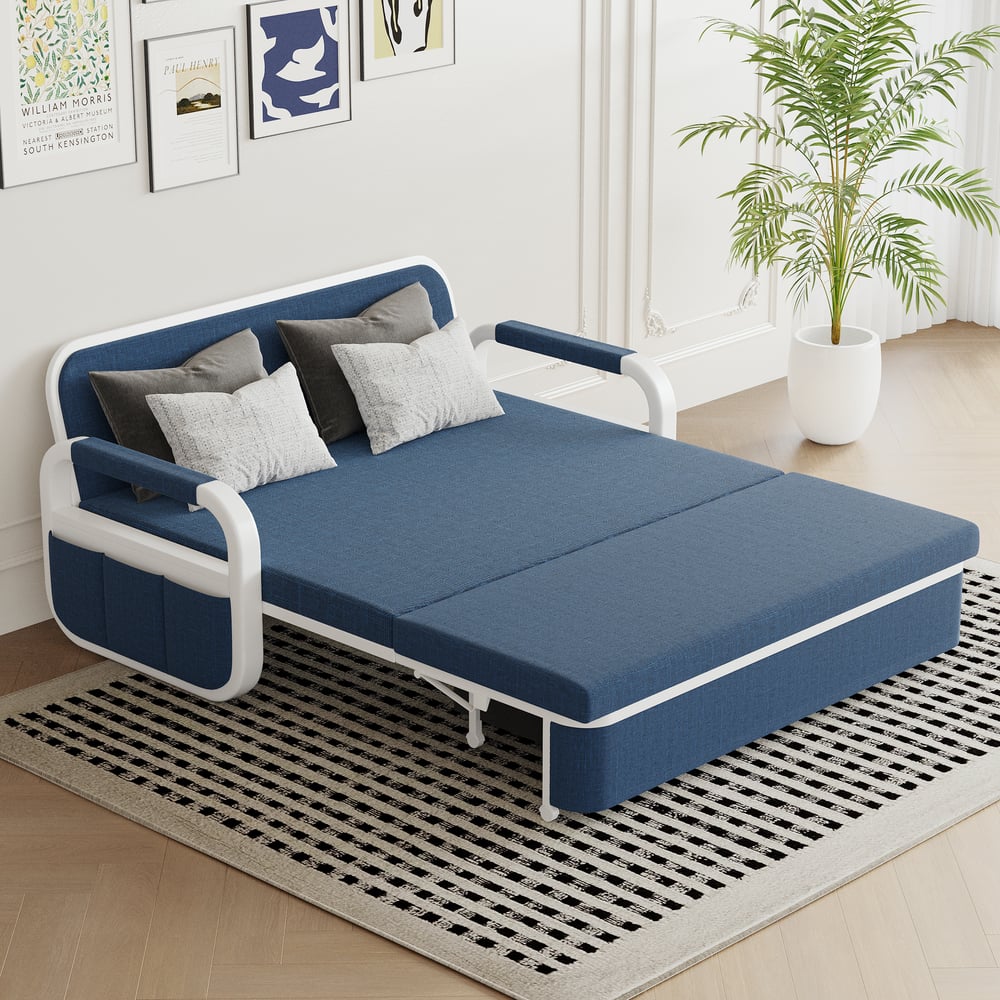 Canapé-lit 2 places en lin avec coffre - bleu image de fenêtre