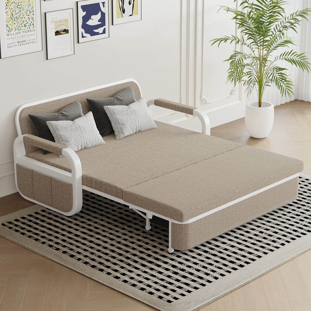 2-seater sofa bed in linen fabric with chest - khaki window image