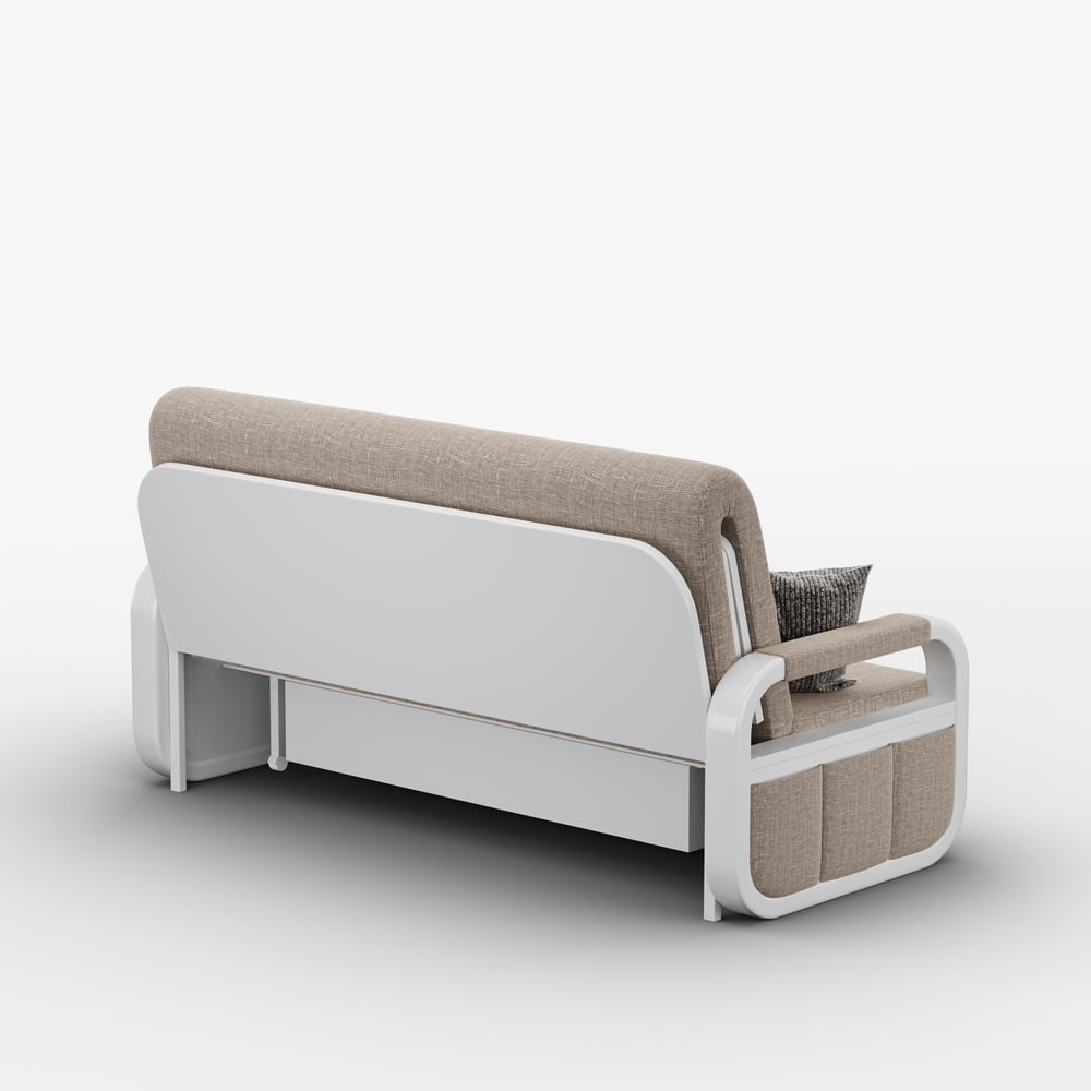 2-seater sofa bed in linen fabric with chest - khaki window image