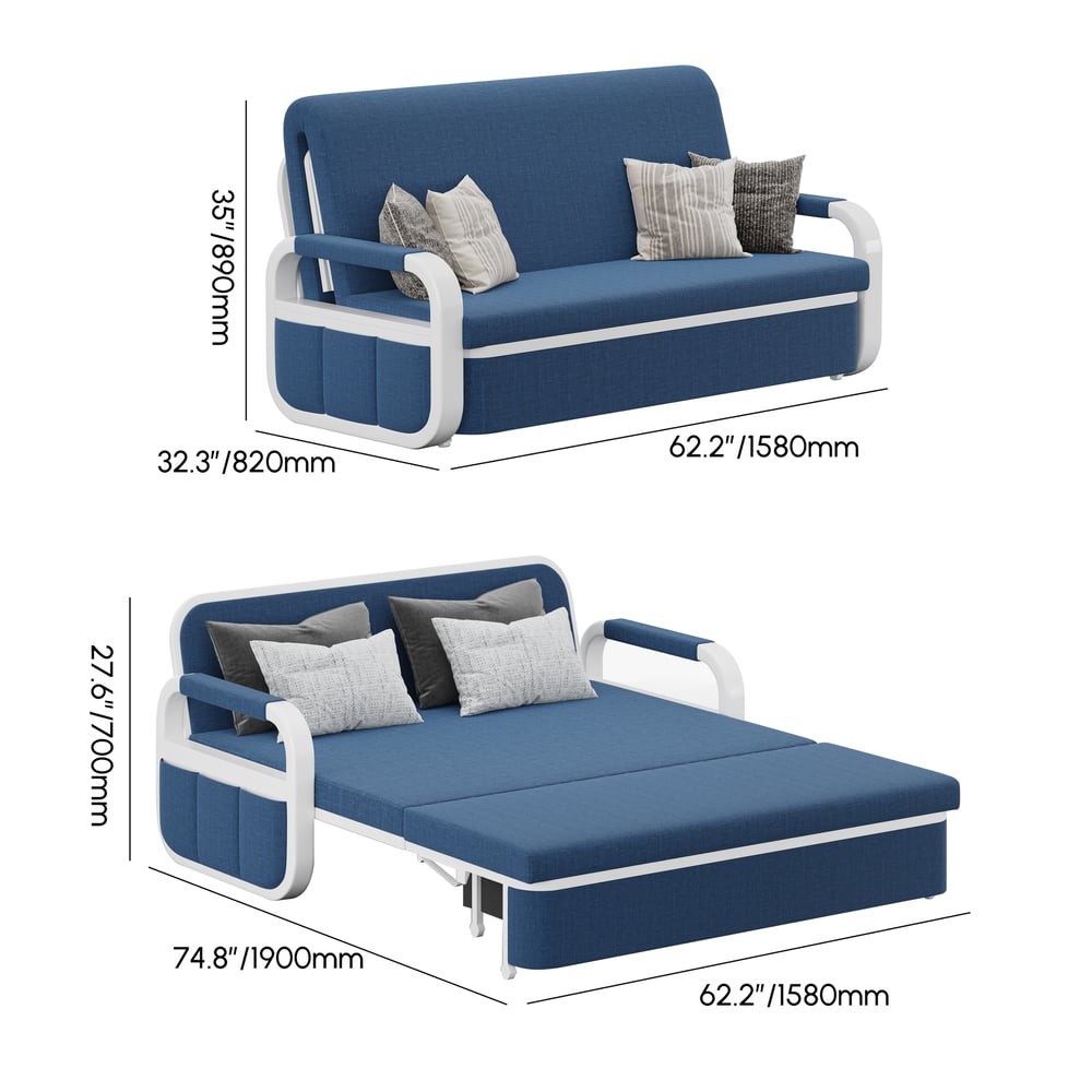 Canapé-lit 2 places en lin avec coffre - bleu Poids, dimensions, image