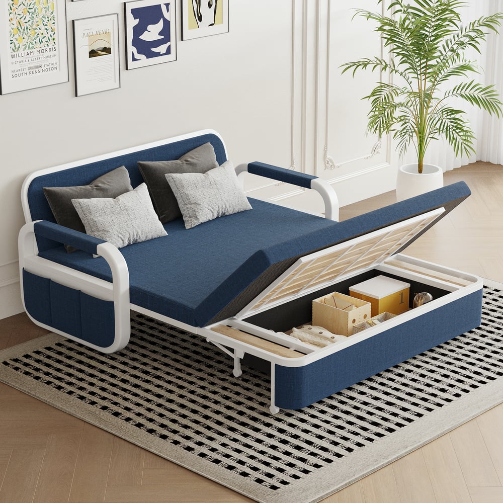 Avaliações de clientes sobre Sofá-cama de 2 lugares em tecido de linho com peito - azul