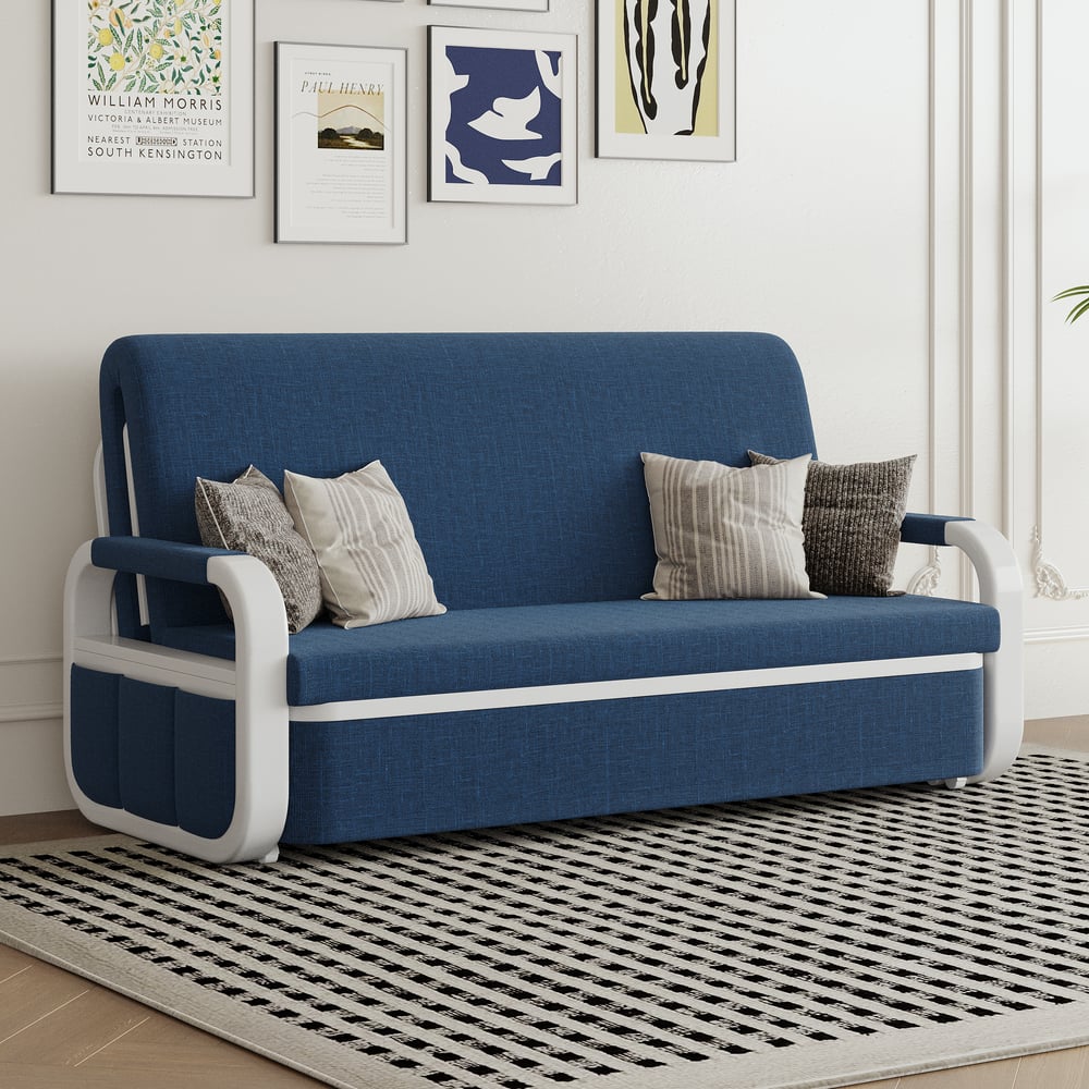 Canapé-lit 2 places en lin avec coffre - bleu image de fenêtre