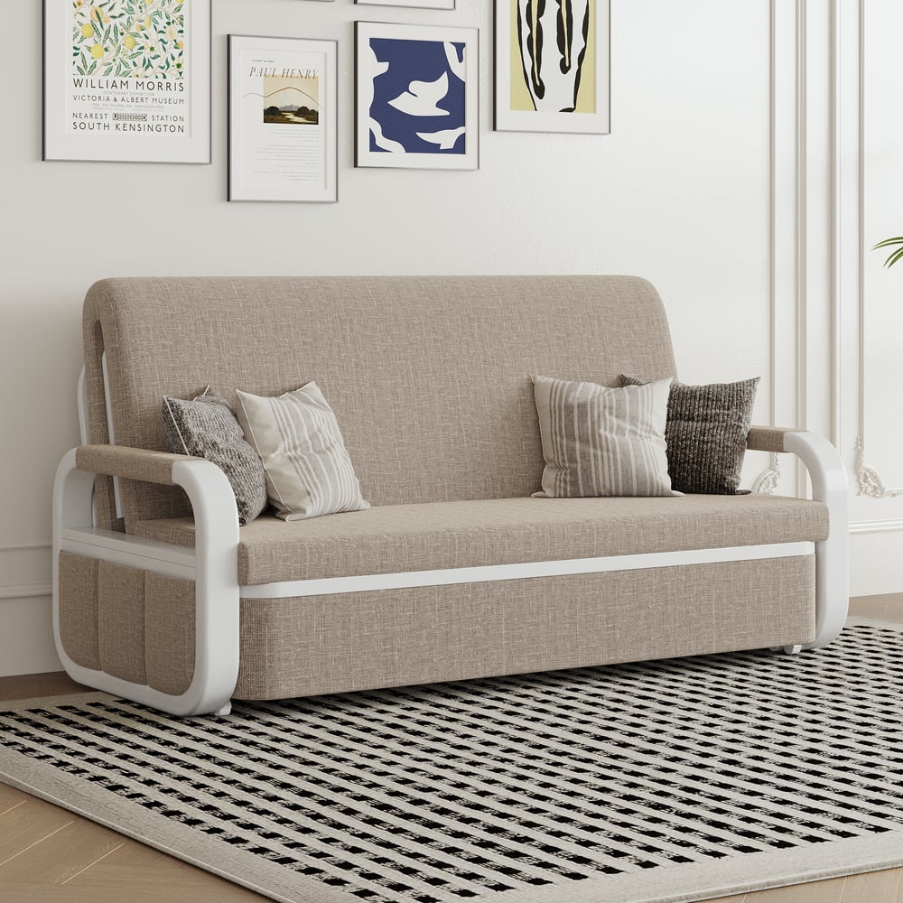 2-seater sofa bed in linen fabric with chest - khaki window image